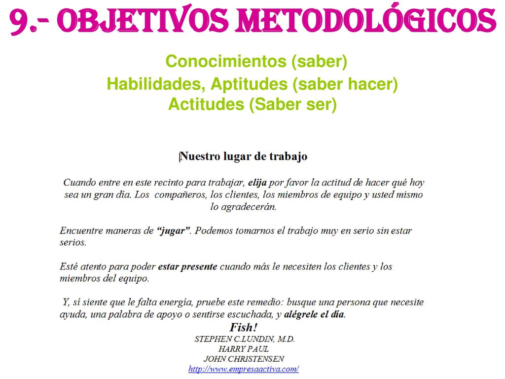 9.- OBJETIVOS METODOLÓGICOS Conocimientos (saber) Habilidades, Aptitudes (saber hacer) Actitudes (Saber ser)