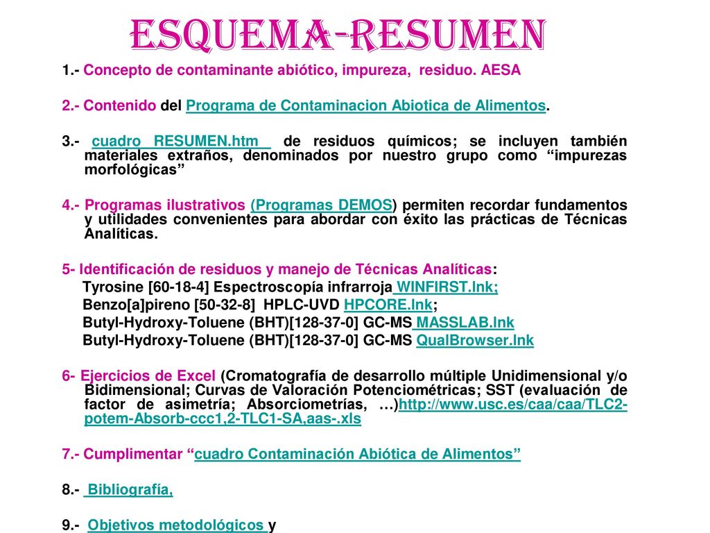 Esquema-resumen 1.- Concepto de contaminante abiótico, impureza, residuo. AESA. 2.- Contenido del Programa de Contaminacion Abiotica de Alimentos.