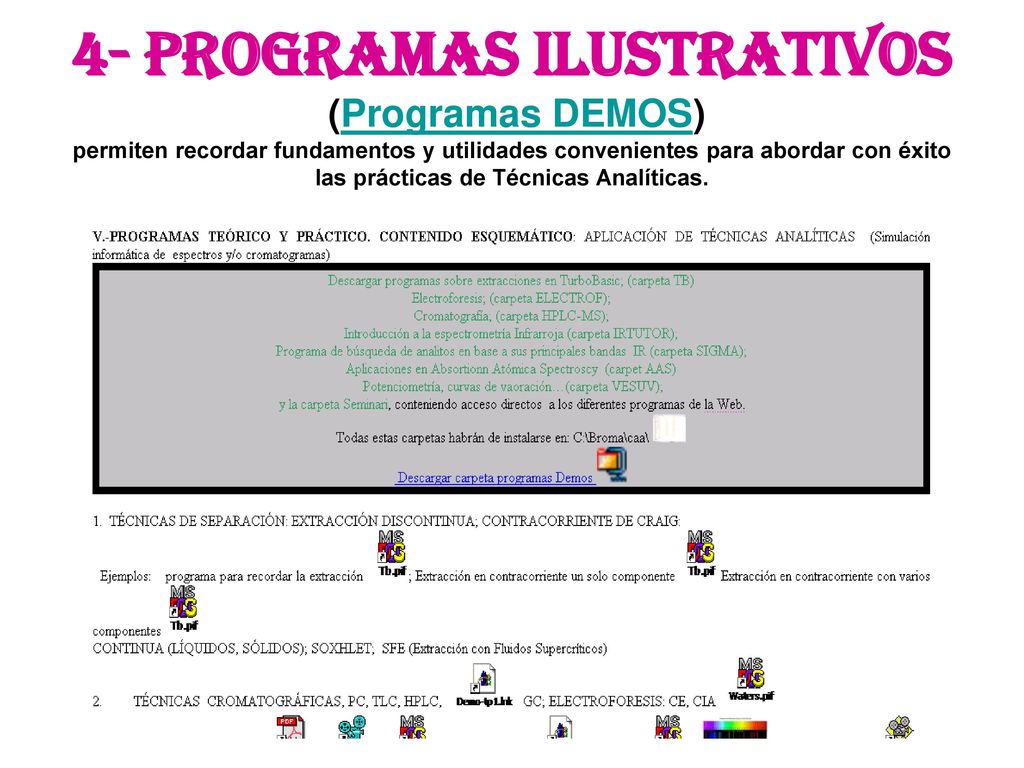 4- PROGRAMAS ILUSTRATIVOS (Programas DEMOS) permiten recordar fundamentos y utilidades convenientes para abordar con éxito las prácticas de Técnicas Analíticas.