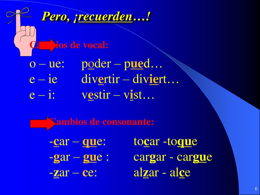 e – ie divertir – diviert… e – i: vestir – vist…