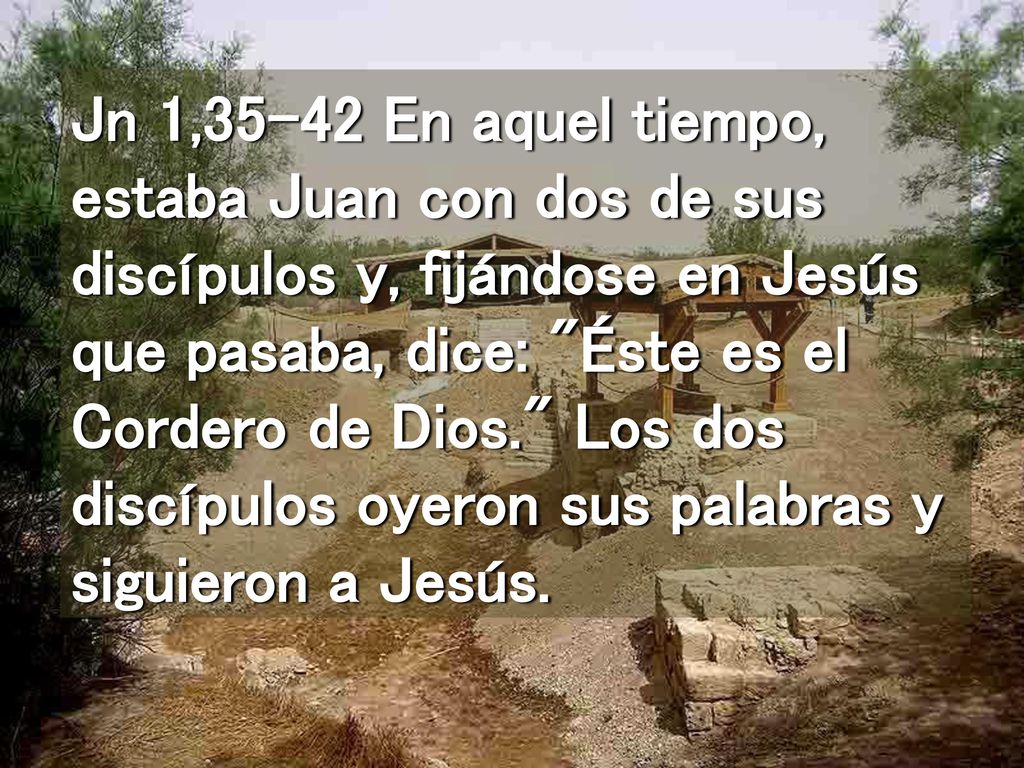 Jn 1,35-42 En aquel tiempo, estaba Juan con dos de sus discípulos y, fijándose en Jesús que pasaba, dice: Éste es el Cordero de Dios. Los dos discípulos oyeron sus palabras y siguieron a Jesús.