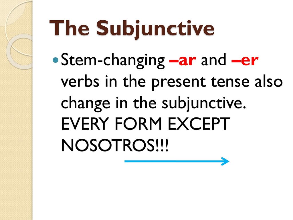 The Subjunctive Stem-changing –ar and –er verbs in the present tense also change in the subjunctive.