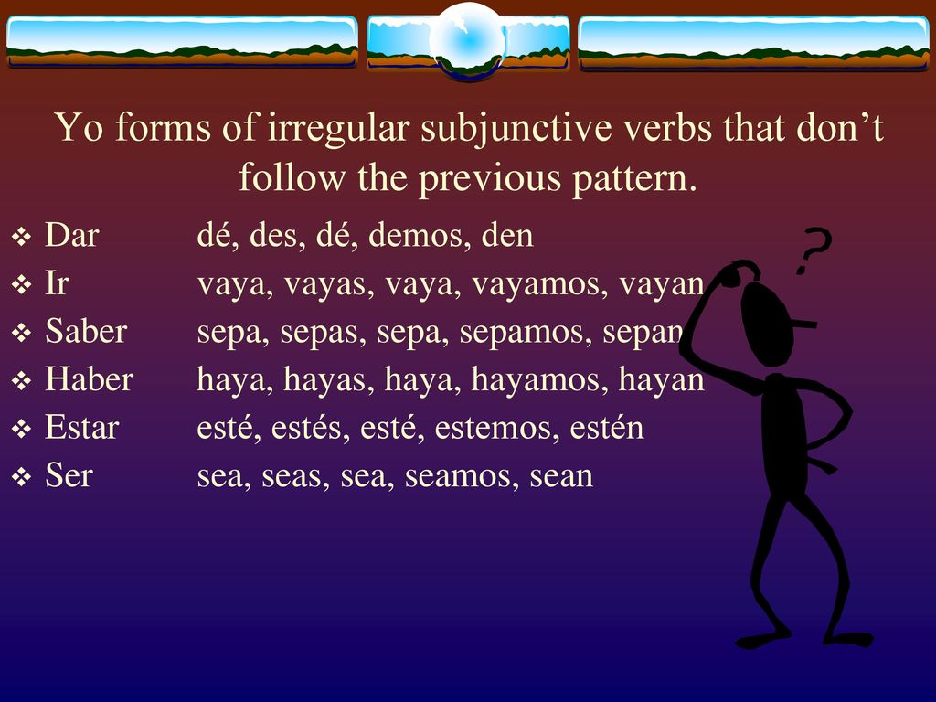 Yo forms of irregular subjunctive verbs that don’t follow the previous pattern.