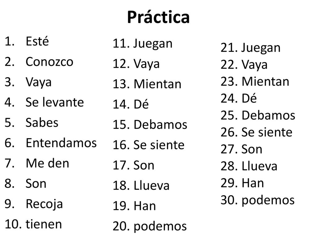 Práctica Esté. Conozco. Vaya. Se levante. Sabes. Entendamos. Me den. Son. Recoja. tienen.