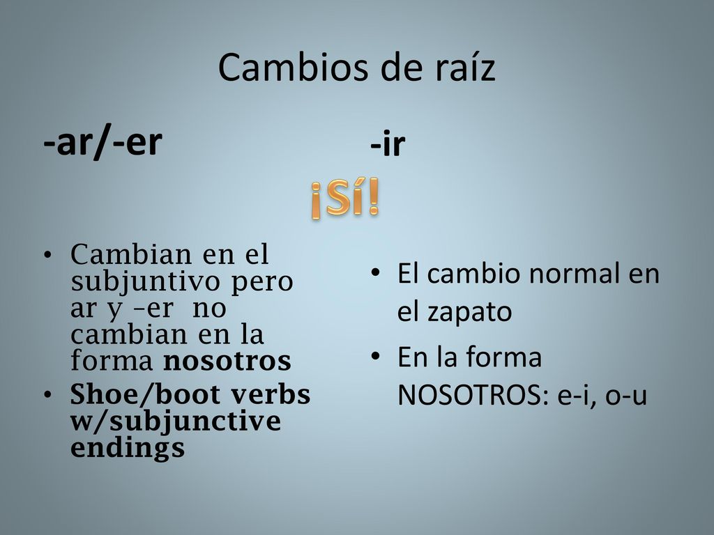 ¡Sí! Cambios de raíz -ar/-er -ir El cambio normal en el zapato