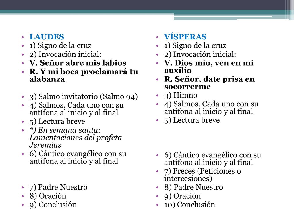 LAUDES 1) Signo de la cruz. 2) Invocación inicial: V. Señor abre mis labios. R. Y mi boca proclamará tu alabanza.
