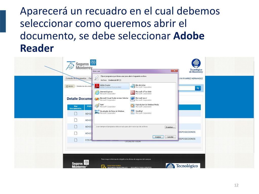 Aparecerá un recuadro en el cual debemos seleccionar como queremos abrir el documento, se debe seleccionar Adobe Reader