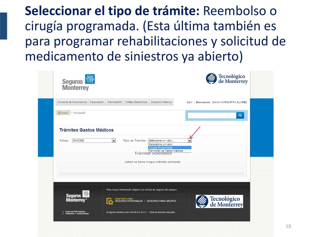 Seleccionar el tipo de trámite: Reembolso o cirugía programada