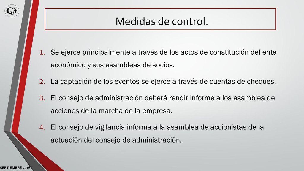 Medidas de control. Se ejerce principalmente a través de los actos de constitución del ente económico y sus asambleas de socios.
