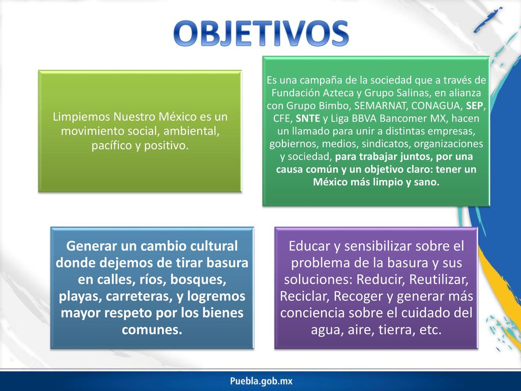OBJETIVOS Limpiemos Nuestro México es un movimiento social, ambiental, pacífico y positivo.
