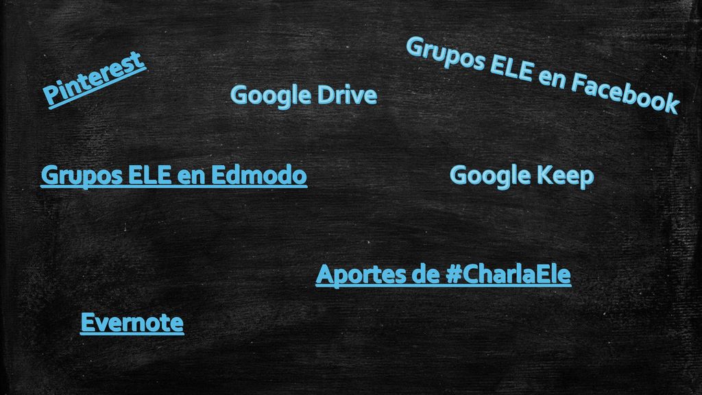 Pinterest Grupos ELE en Facebook. Google Drive. Grupos ELE en Edmodo. Google Keep. Aportes de #CharlaEle.