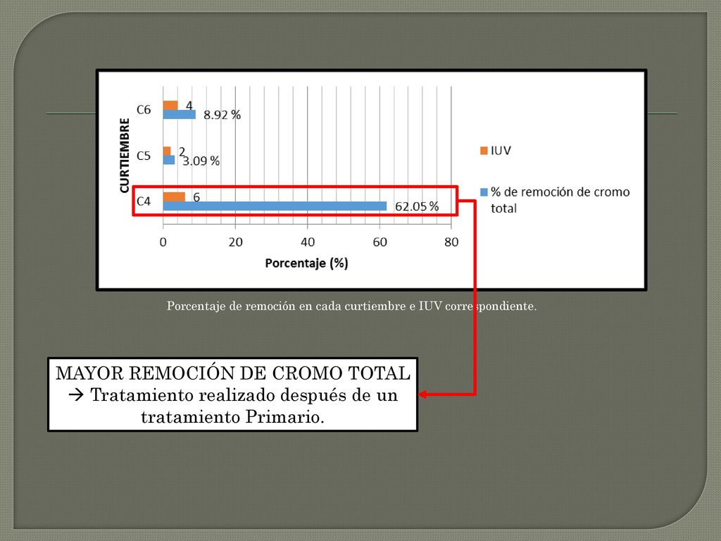 Porcentaje de remoción en cada curtiembre e IUV correspondiente.