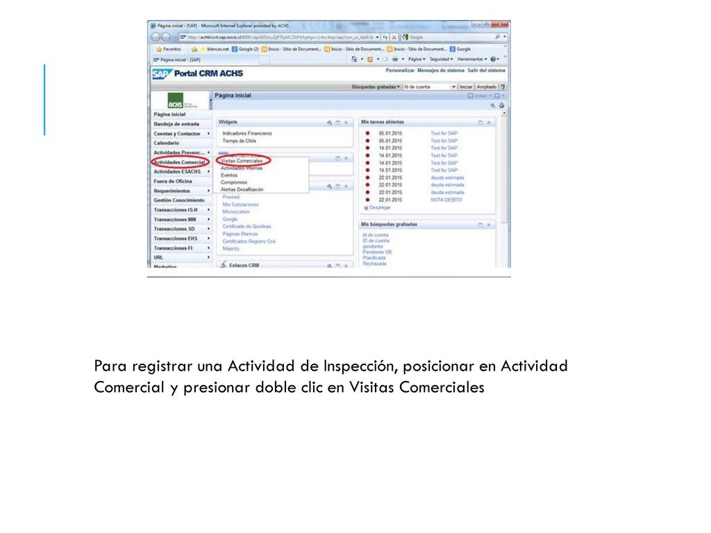 Para registrar una Actividad de Inspección, posicionar en Actividad Comercial y presionar doble clic en Visitas Comerciales
