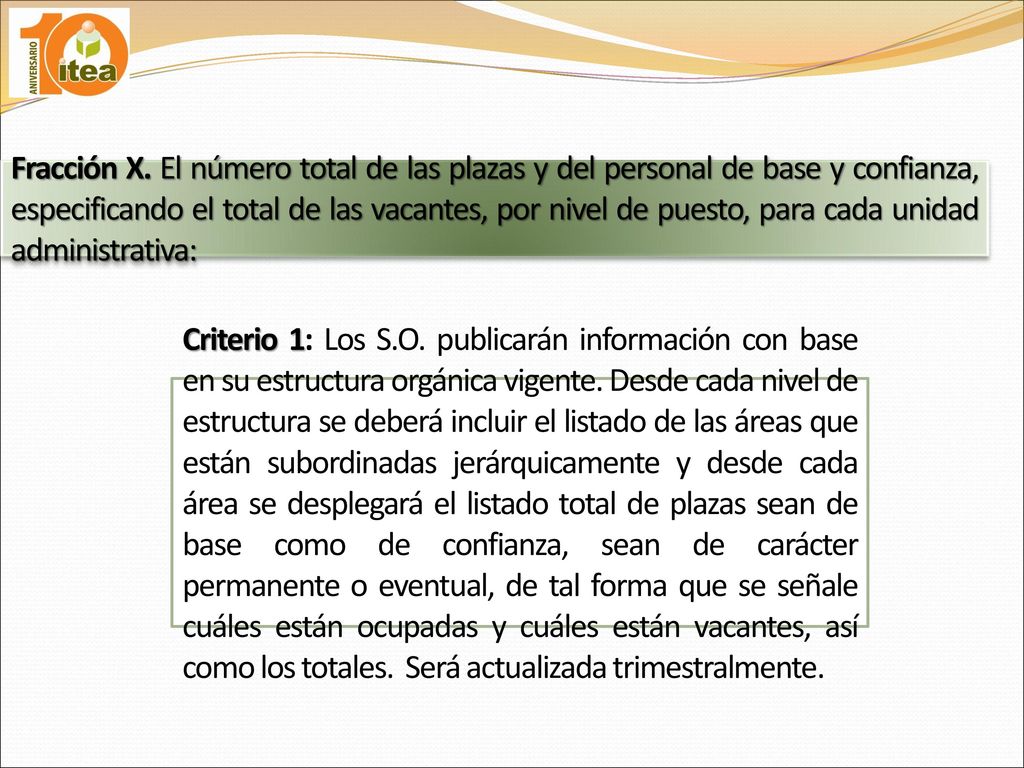 Fracción X. El número total de las plazas y del personal de base y confianza, especificando el total de las vacantes, por nivel de puesto, para cada unidad administrativa: