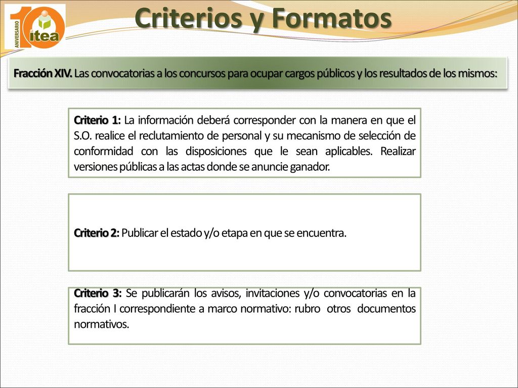 Criterios y Formatos Fracción XIV. Las convocatorias a los concursos para ocupar cargos públicos y los resultados de los mismos: