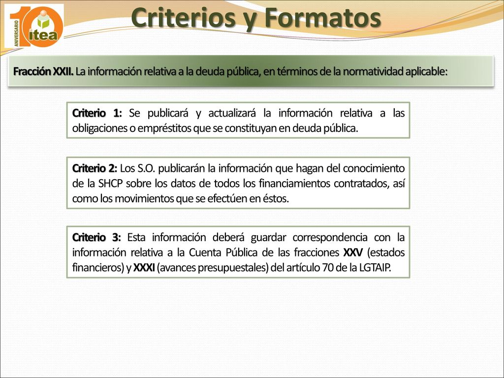 Criterios y Formatos Fracción XXII. La información relativa a la deuda pública, en términos de la normatividad aplicable: