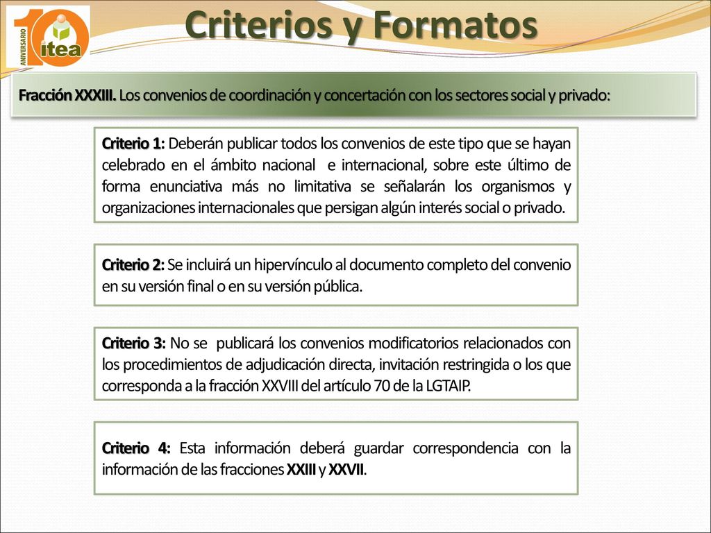 Criterios y Formatos Fracción XXXIII. Los convenios de coordinación y concertación con los sectores social y privado: