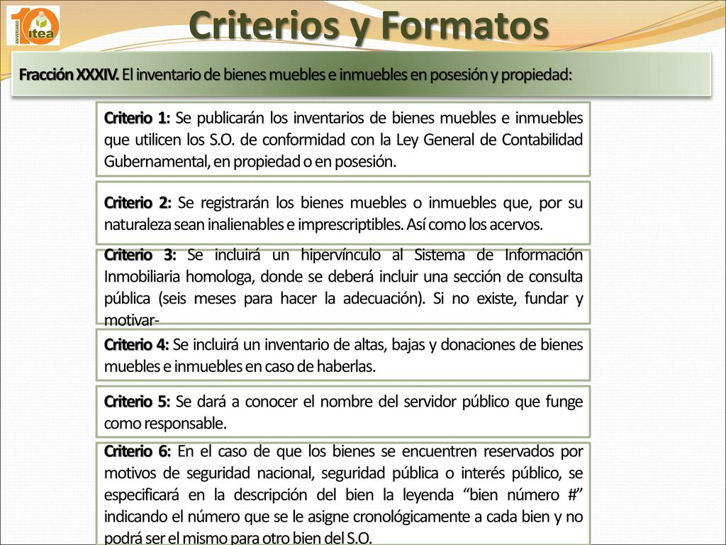 Criterios y Formatos Fracción XXXIV. El inventario de bienes muebles e inmuebles en posesión y propiedad: