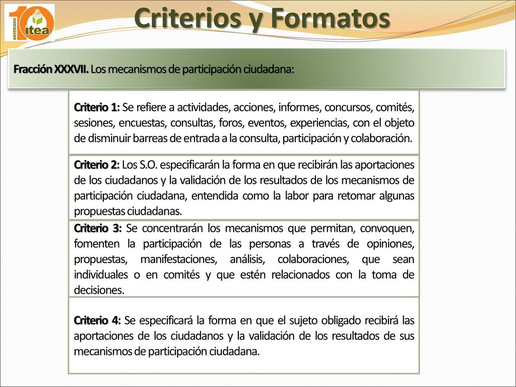Criterios y Formatos Fracción XXXVII. Los mecanismos de participación ciudadana: