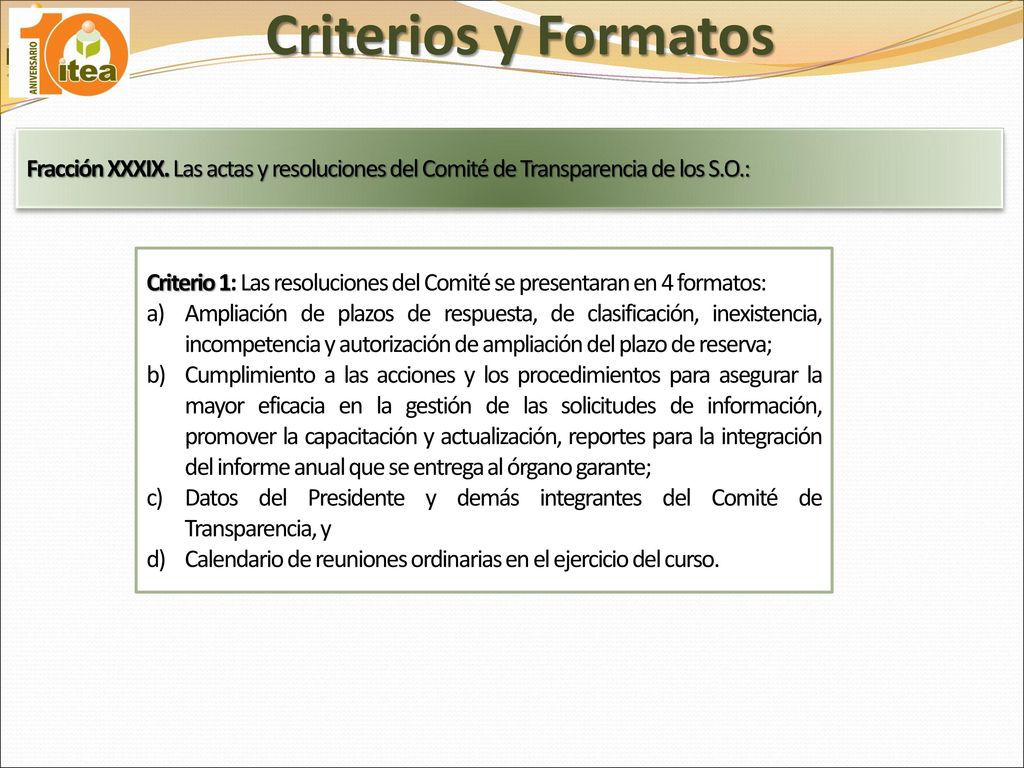 Criterios y Formatos Fracción XXXIX. Las actas y resoluciones del Comité de Transparencia de los S.O.: