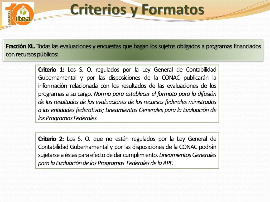 Criterios y Formatos Fracción XL. Todas las evaluaciones y encuestas que hagan los sujetos obligados a programas financiados con recursos públicos: