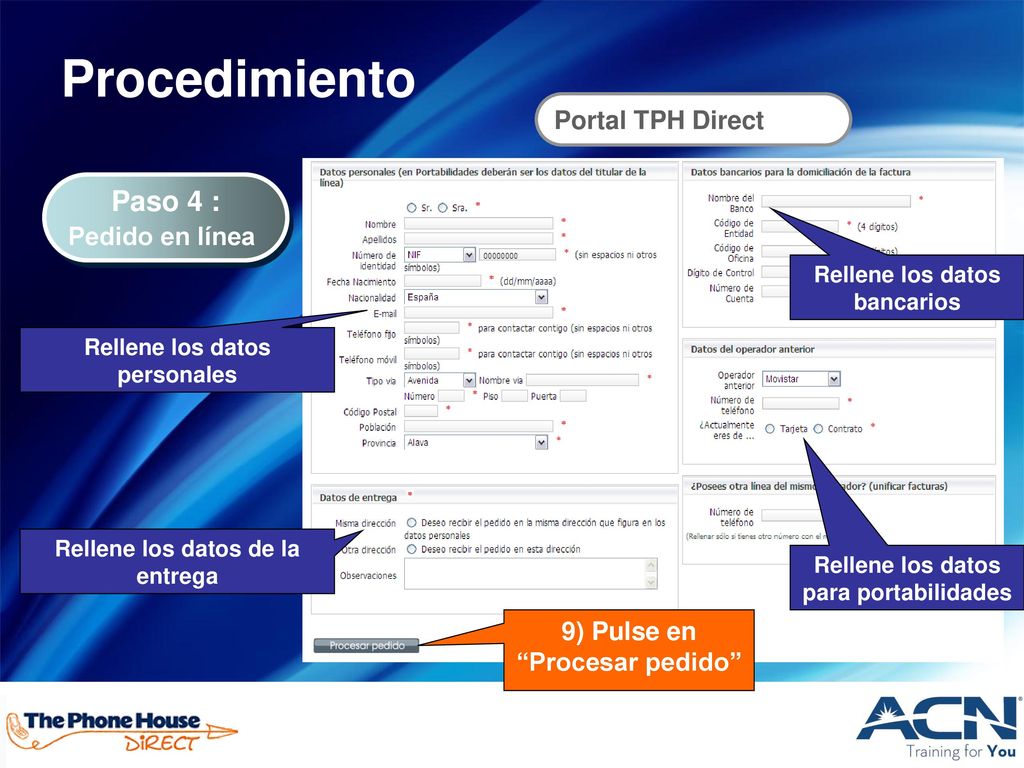 Procedimiento Paso 4 : Portal TPH Direct Pedido en línea
