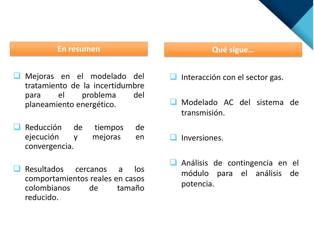En resumen Qué sigue… Mejoras en el modelado del tratamiento de la incertidumbre para el problema del planeamiento energético.