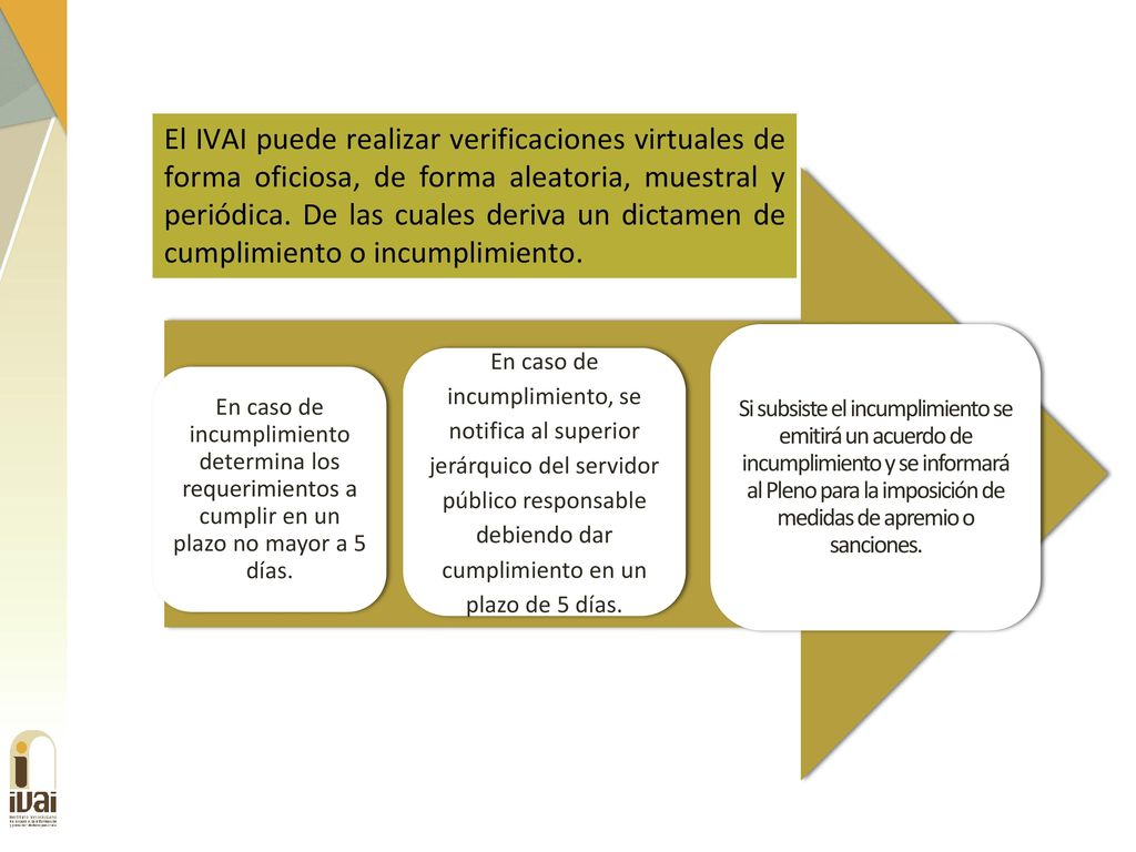 El IVAI puede realizar verificaciones virtuales de forma oficiosa, de forma aleatoria, muestral y periódica. De las cuales deriva un dictamen de cumplimiento o incumplimiento.
