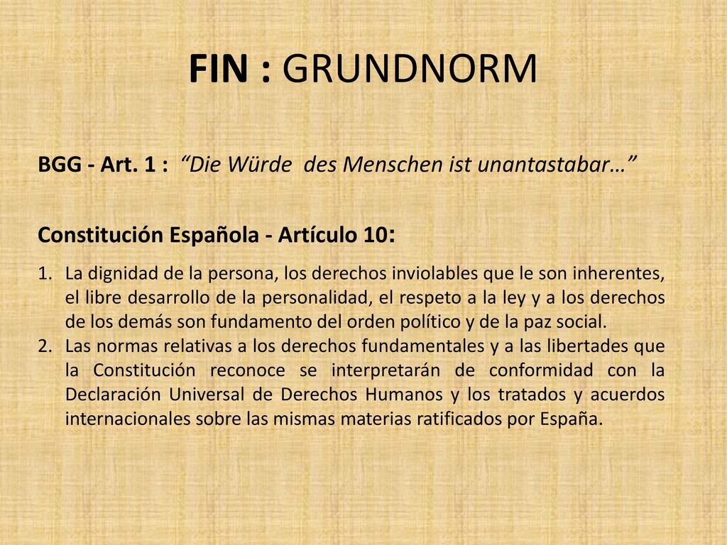 FIN : GRUNDNORM BGG - Art. 1 : Die Würde des Menschen ist unantastabar… Constitución Española - Artículo 10:
