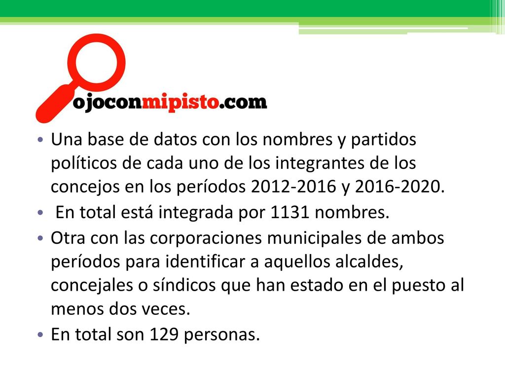 Una base de datos con los nombres y partidos políticos de cada uno de los integrantes de los concejos en los períodos y