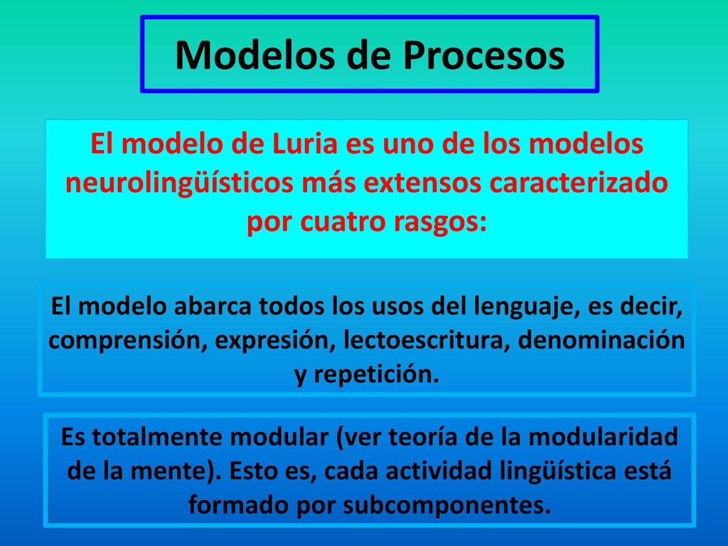 Modelos de Procesos El modelo de Luria es uno de los modelos neurolingüísticos más extensos caracterizado por cuatro rasgos: