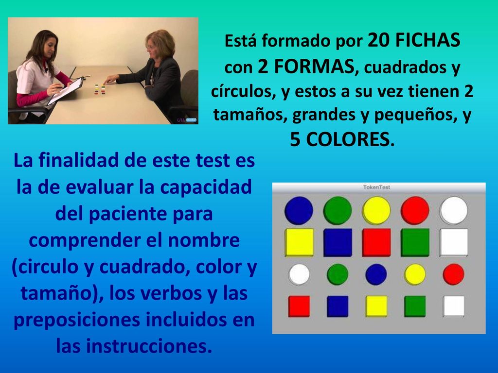 Está formado por 20 FICHAS con 2 FORMAS, cuadrados y círculos, y estos a su vez tienen 2 tamaños, grandes y pequeños, y 5 COLORES.