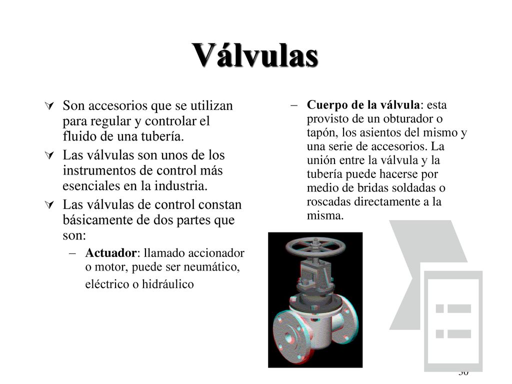 Válvulas Son accesorios que se utilizan para regular y controlar el fluido de una tubería.