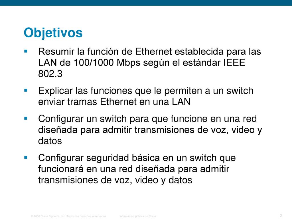 Objetivos Resumir la función de Ethernet establecida para las LAN de 100/1000 Mbps según el estándar IEEE