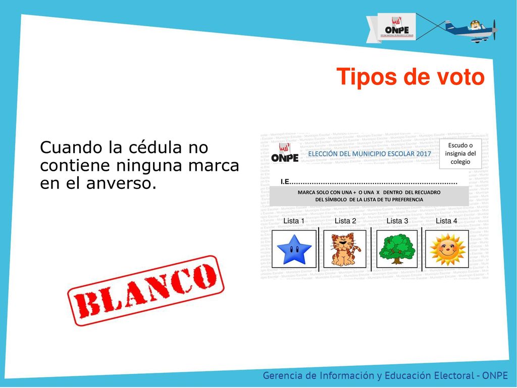 Tipos de voto Cuando la cédula no contiene ninguna marca en el anverso.
