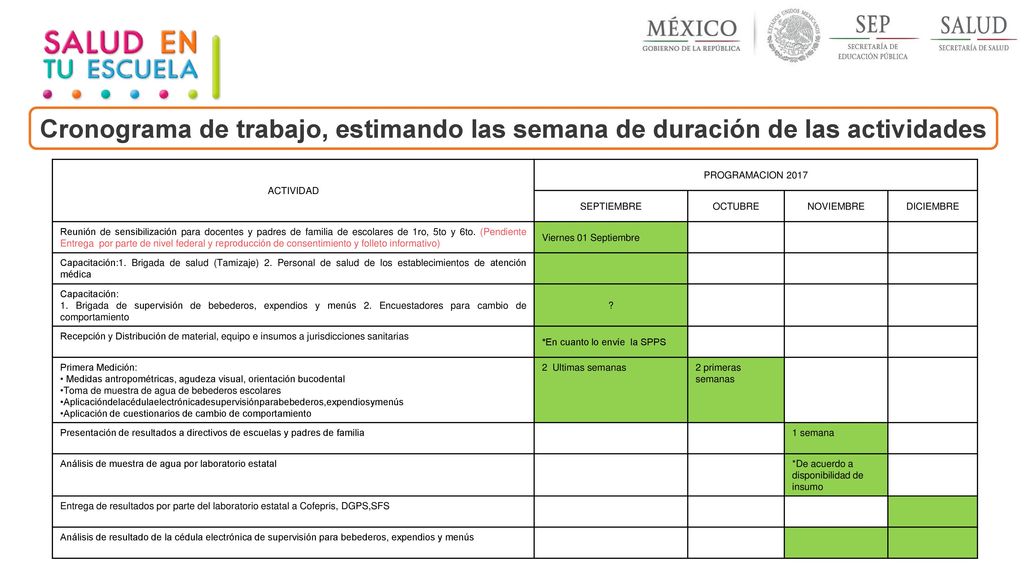 Cronograma de trabajo, estimando las semana de duración de las actividades