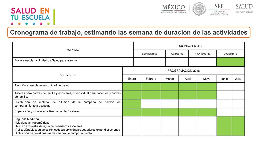 Cronograma de trabajo, estimando las semana de duración de las actividades