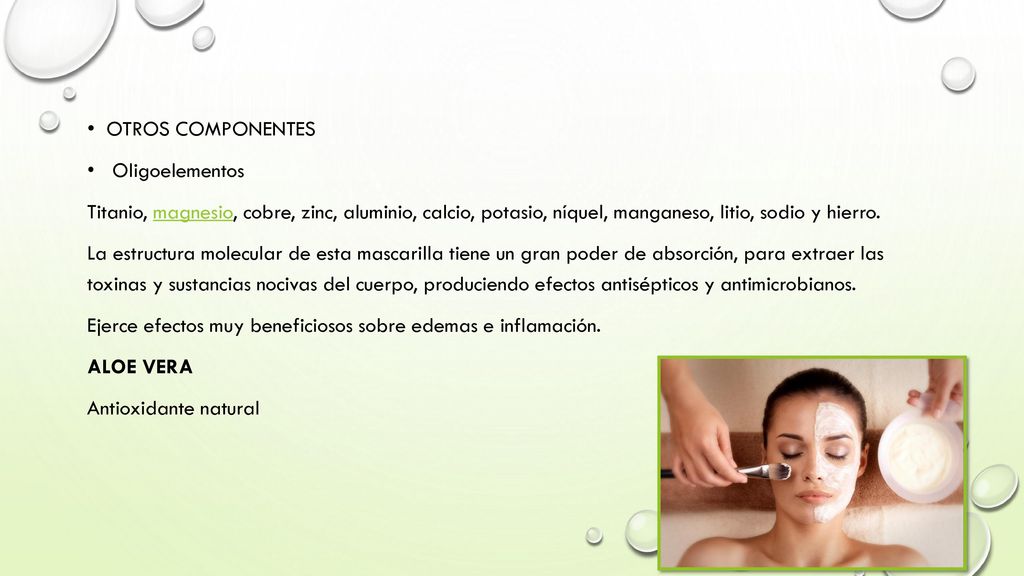 OTROS COMPONENTES Oligoelementos. Titanio, magnesio, cobre, zinc, aluminio, calcio, potasio, níquel, manganeso, litio, sodio y hierro.