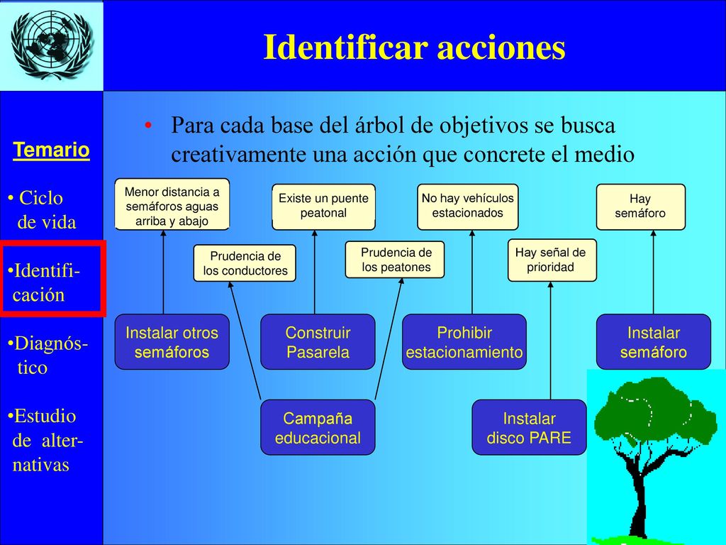 Identificar acciones Para cada base del árbol de objetivos se busca creativamente una acción que concrete el medio.