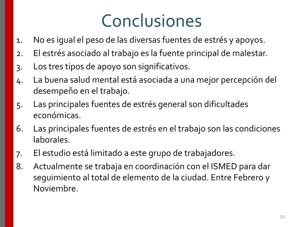Conclusiones No es igual el peso de las diversas fuentes de estrés y apoyos. El estrés asociado al trabajo es la fuente principal de malestar.