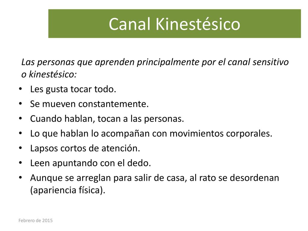 Canal Kinestésico Las personas que aprenden principalmente por el canal sensitivo o kinestésico: Les gusta tocar todo.