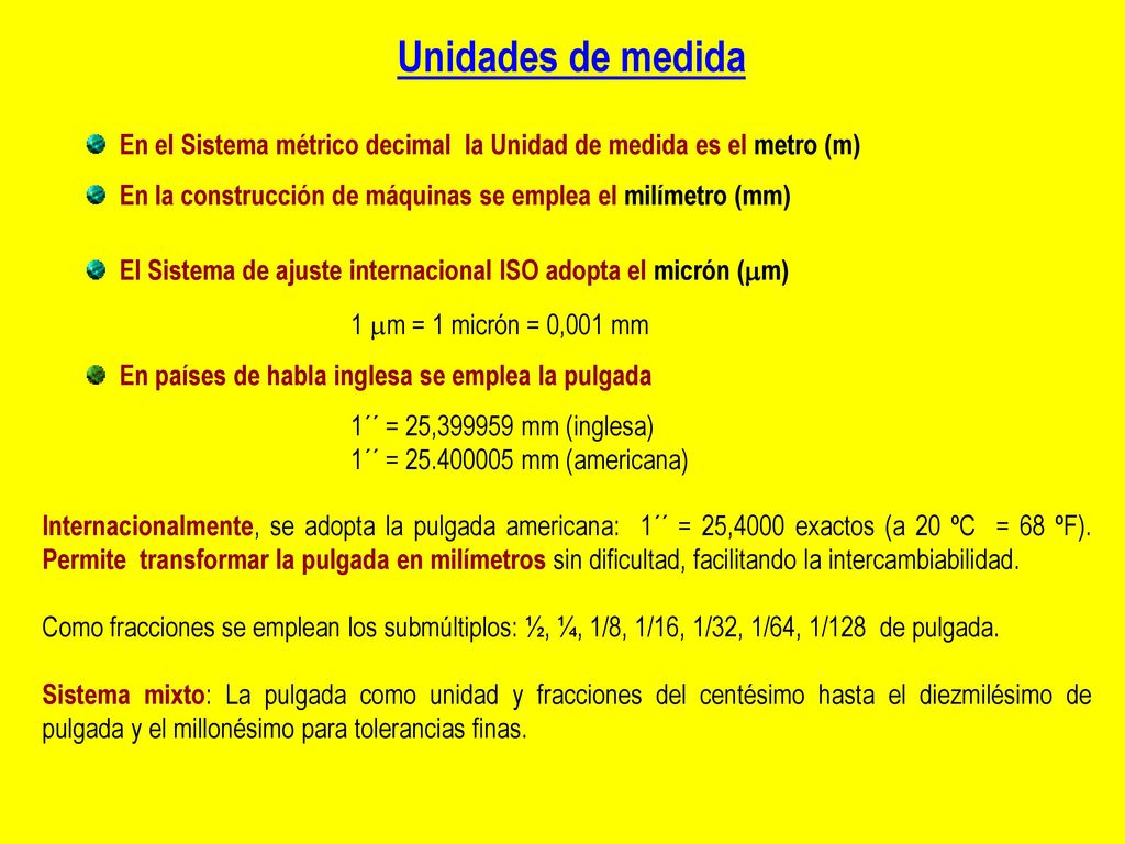 Unidades de medida En el Sistema métrico decimal la Unidad de medida es el metro (m) En la construcción de máquinas se emplea el milímetro (mm)