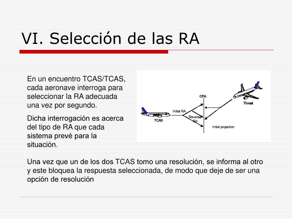 VI. Selección de las RA En un encuentro TCAS/TCAS, cada aeronave interroga para seleccionar la RA adecuada una vez por segundo.
