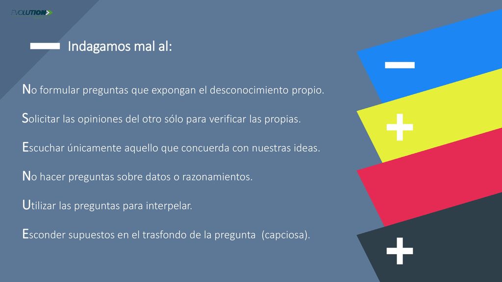 Indagamos mal al: No formular preguntas que expongan el desconocimiento propio. Solicitar las opiniones del otro sólo para verificar las propias.