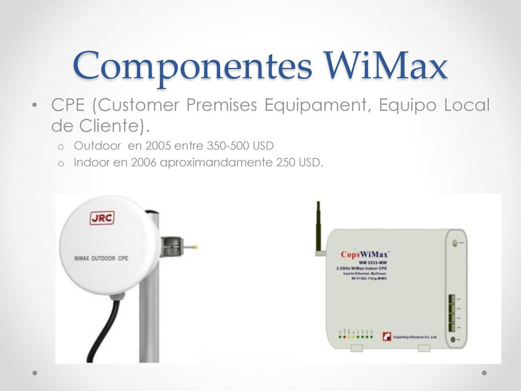Componentes WiMax CPE (Customer Premises Equipament, Equipo Local de Cliente). Outdoor en 2005 entre USD.
