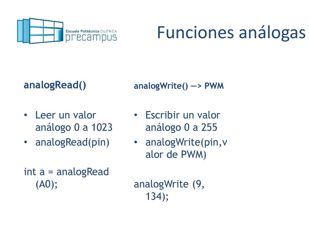Funciones análogas analogRead() Leer un valor análogo 0 a 1023