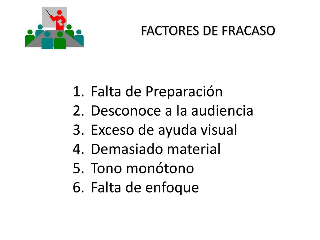 Desconoce a la audiencia Exceso de ayuda visual Demasiado material