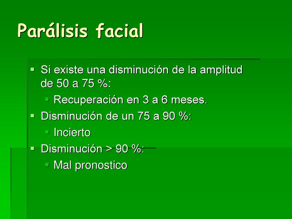 Parálisis facial Si existe una disminución de la amplitud de 50 a 75 %: Recuperación en 3 a 6 meses.