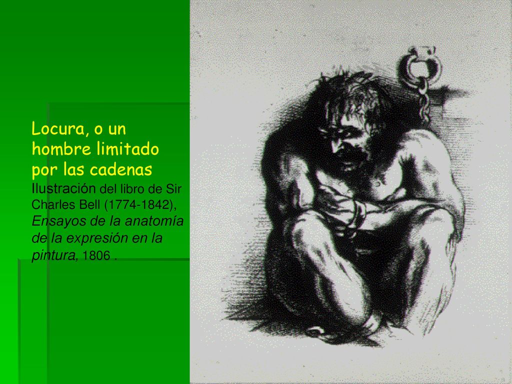 Locura, o un hombre limitado por las cadenas Ilustración del libro de Sir Charles Bell ( ), Ensayos de la anatomía de la expresión en la pintura,