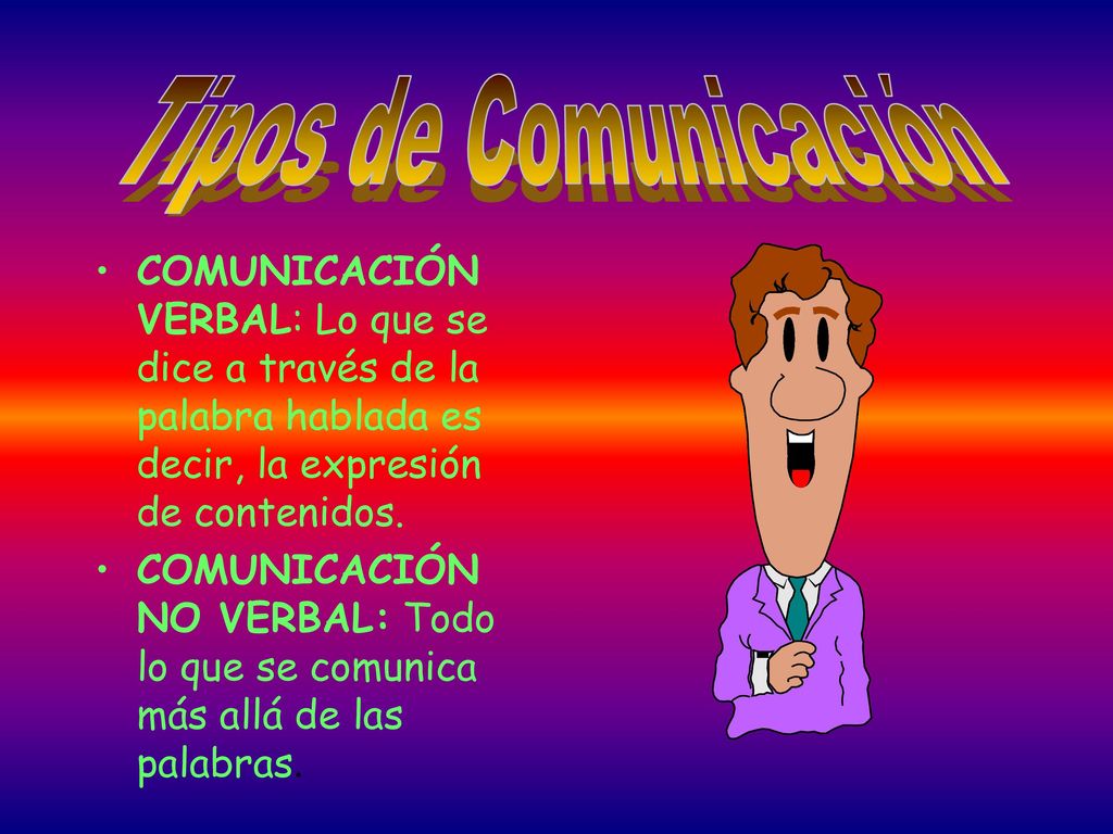 Tipos de Comunicación COMUNICACIÓN VERBAL: Lo que se dice a través de la palabra hablada es decir, la expresión de contenidos.